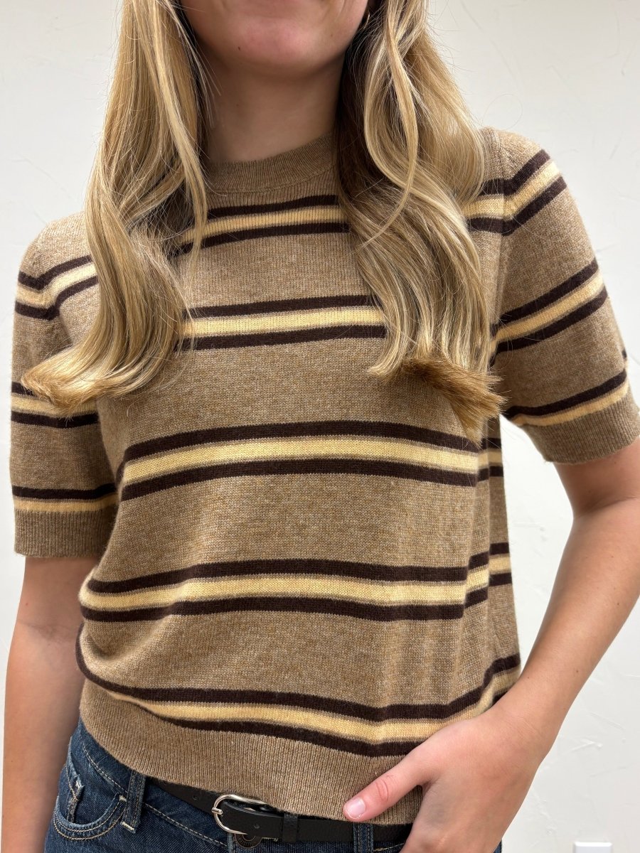 Stripe Pattern Short Sleeve Sweater Top - Three:Twelve Boutique - MIOU MUSE