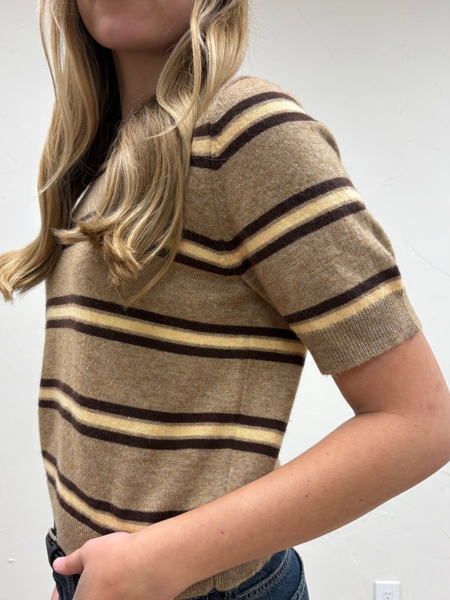 Stripe Pattern Short Sleeve Sweater Top - Three:Twelve Boutique - MIOU MUSE