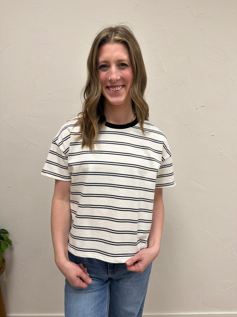 Lifestyle shot of model wearing striped boxy top with casual outfit — Three:Twelve Boutique