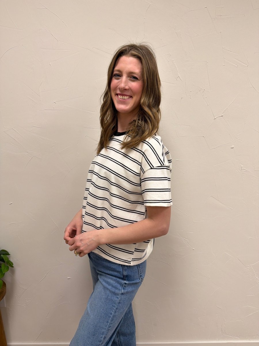 Side view of striped cotton top showing relaxed silhouette and sleeve length — Three:Twelve Boutique