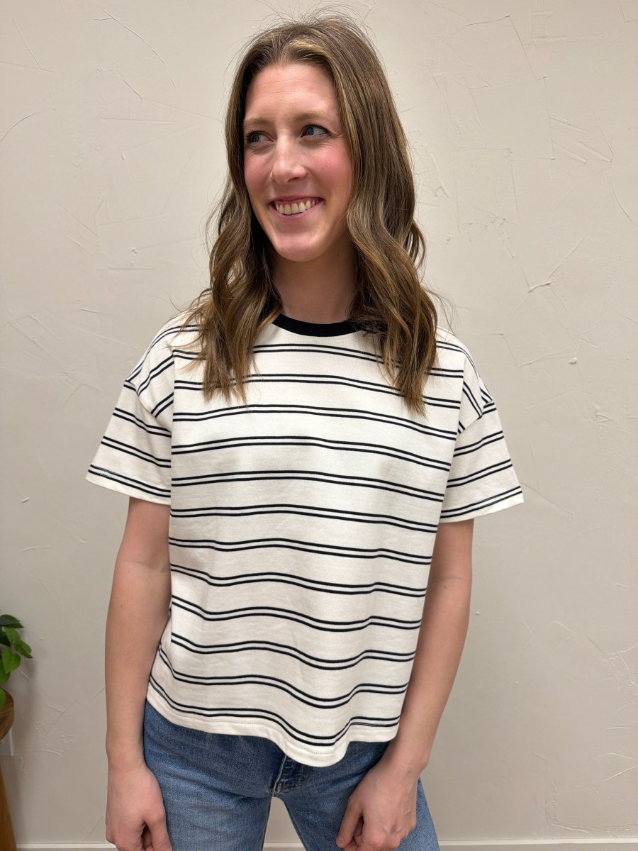 Front view of model wearing Striped Boxy Knit Top showing boxy relaxed fit — Three:Twelve Boutique