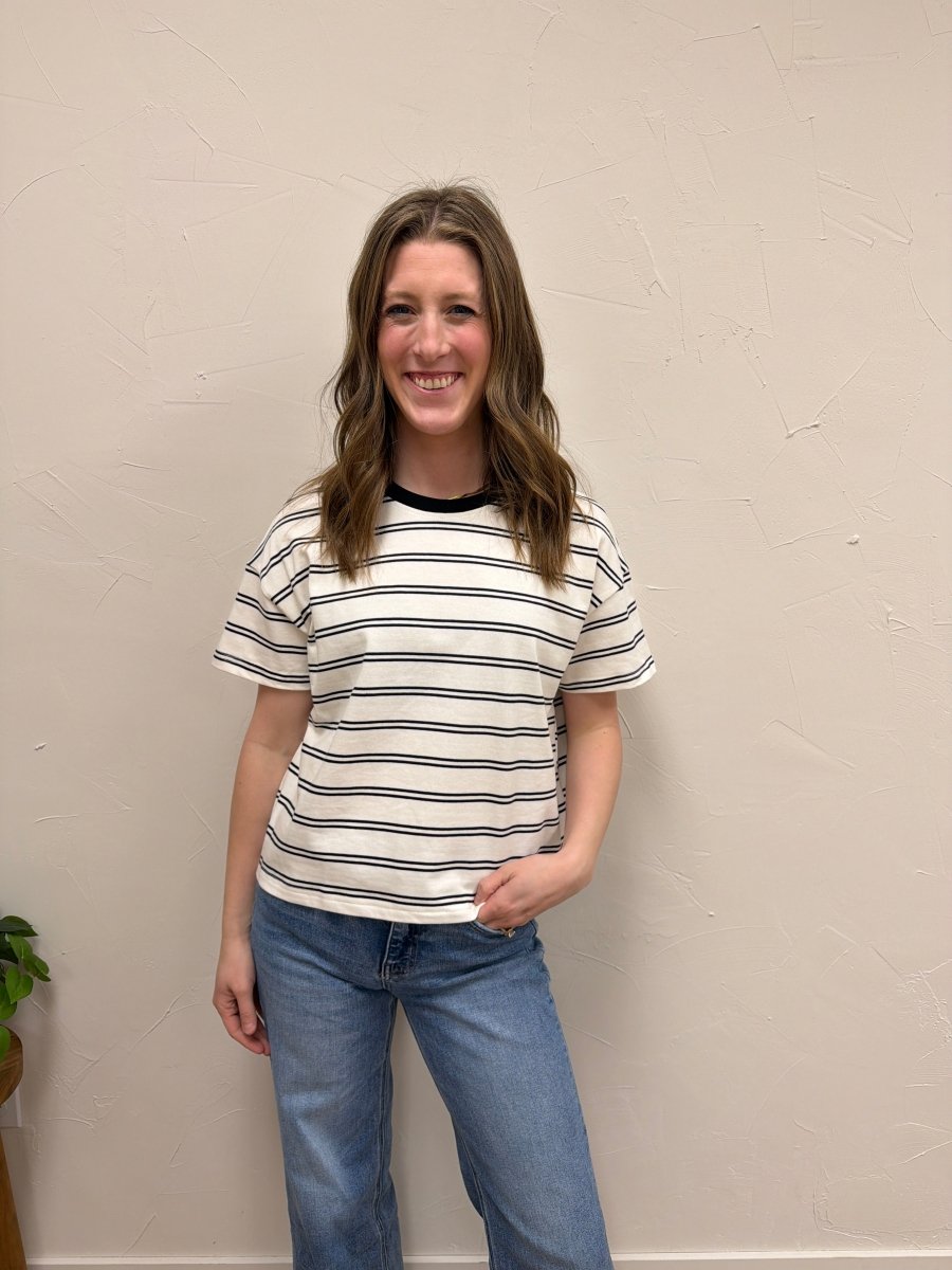 Lifestyle shot of model wearing striped boxy top with casual outfit — Three:Twelve Boutique
