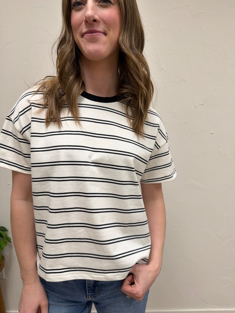 Close up of knit fabric texture and stripes on top — Three:Twelve Boutique
