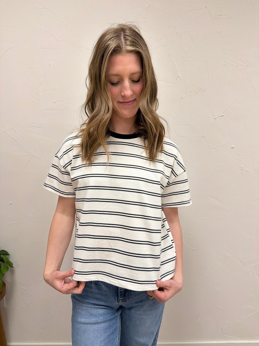 Lifestyle shot of model wearing striped boxy top with casual outfit — Three:Twelve Boutique
