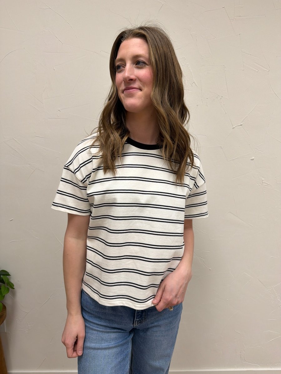 Lifestyle shot of model wearing striped boxy top with casual outfit — Three:Twelve Boutique
