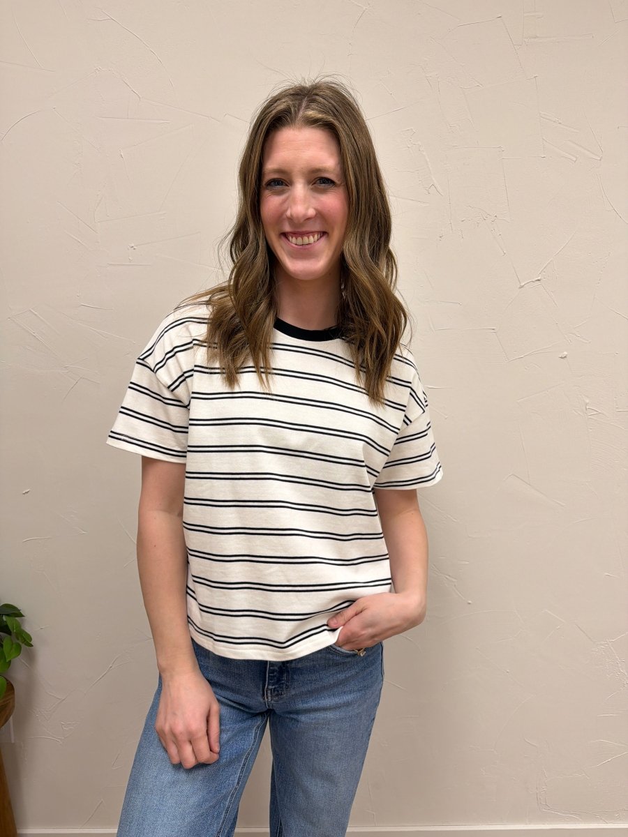 Front view of model wearing Striped Boxy Knit Top showing boxy relaxed fit — Three:Twelve Boutique