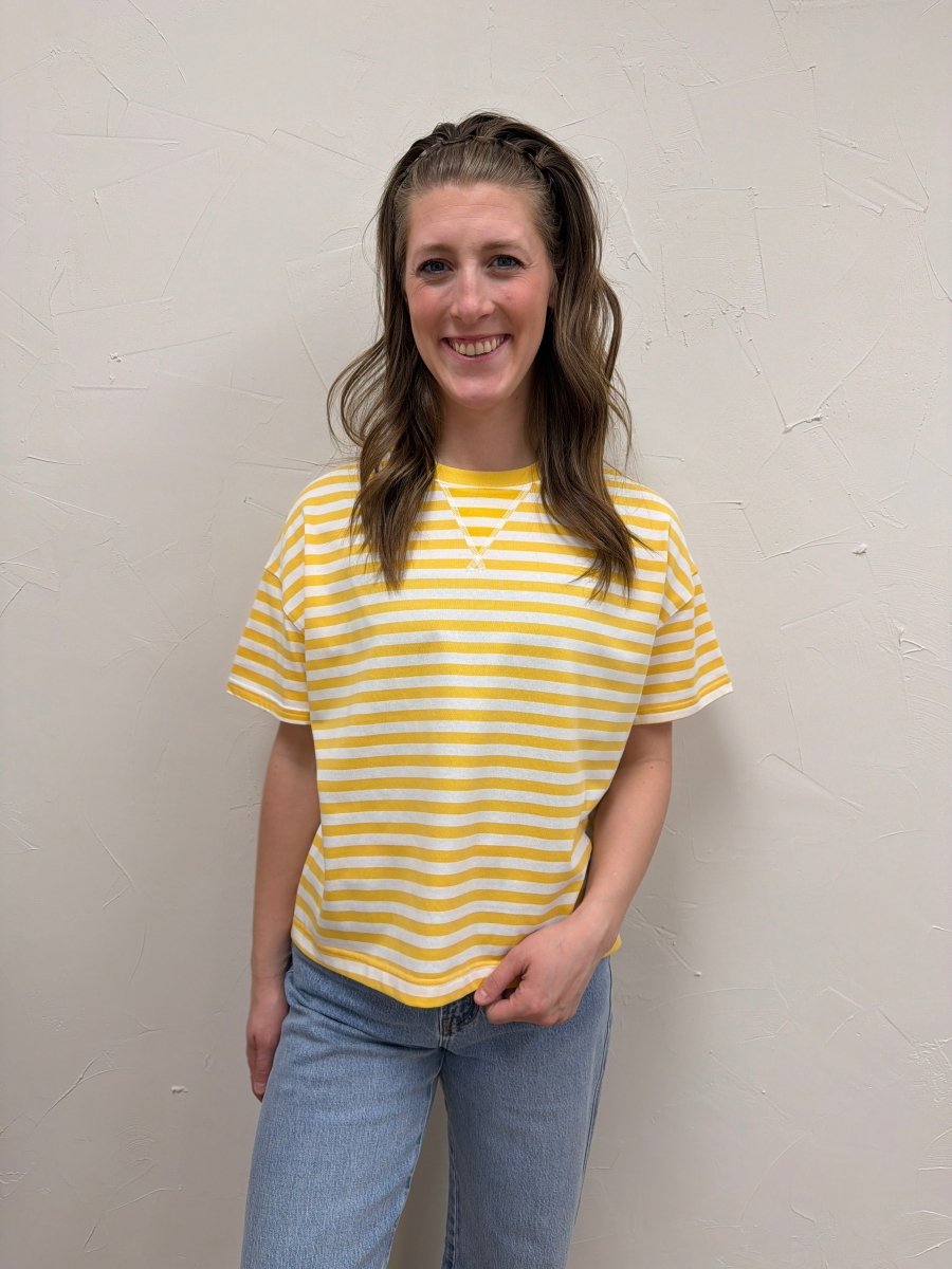 Front view of model wearing striped contrast knit tee with relaxed everyday fit — Three:Twelve Boutique