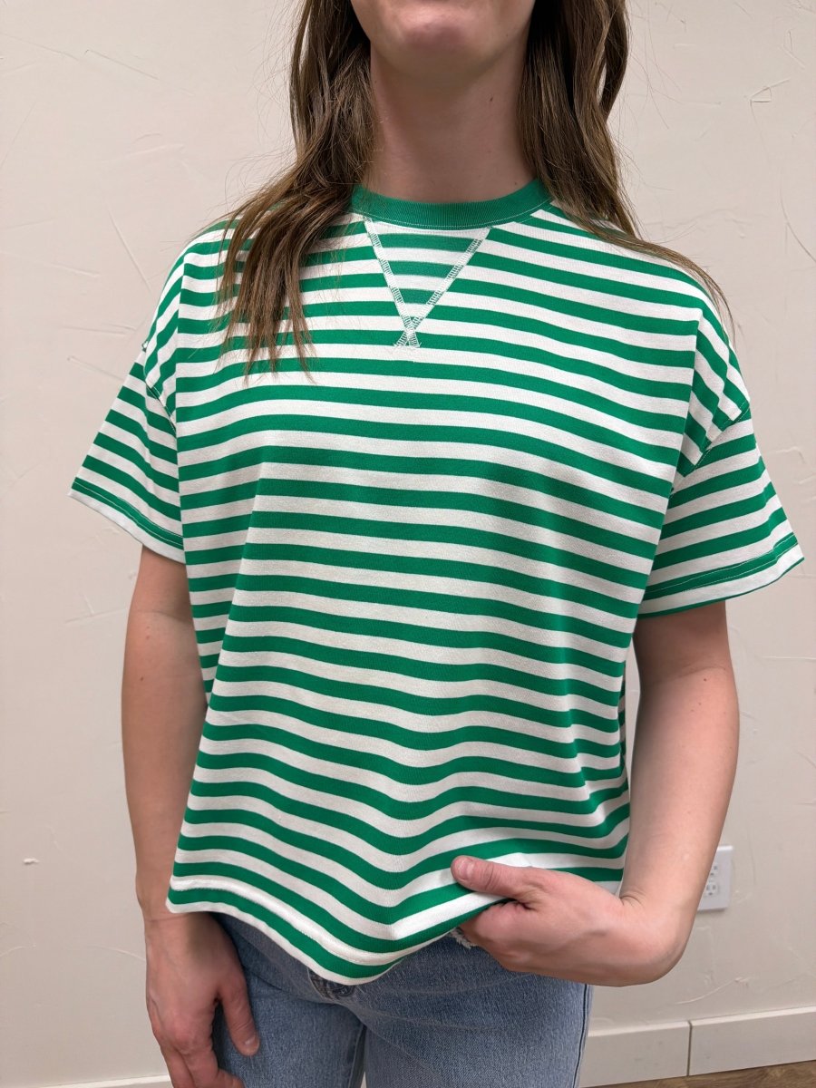 Close up of striped knit fabric and contrast trim detail on tee — Three:Twelve Boutique