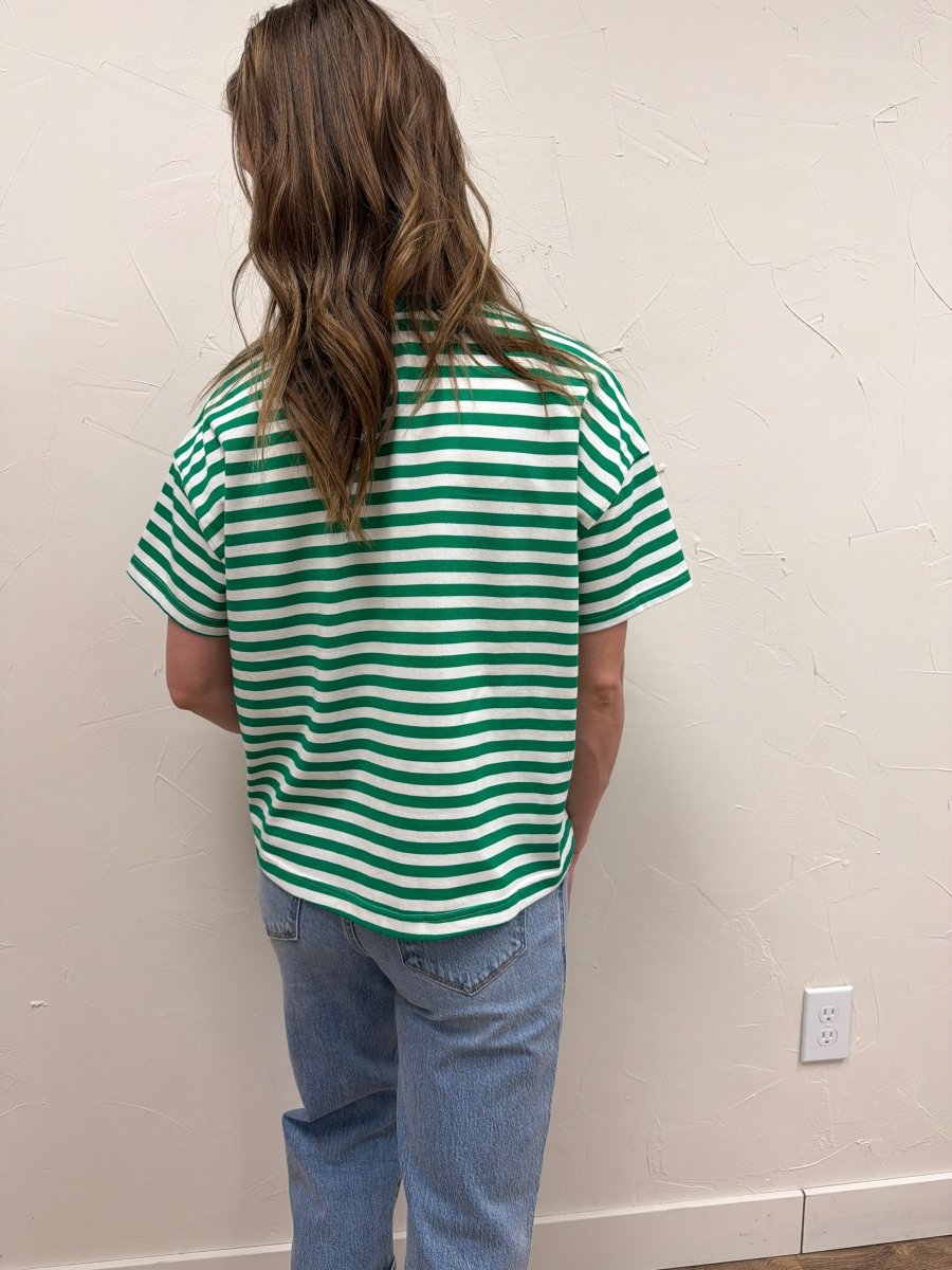 Back view of striped contrast knit tee on model showing relaxed silhouette — Three:Twelve Boutique