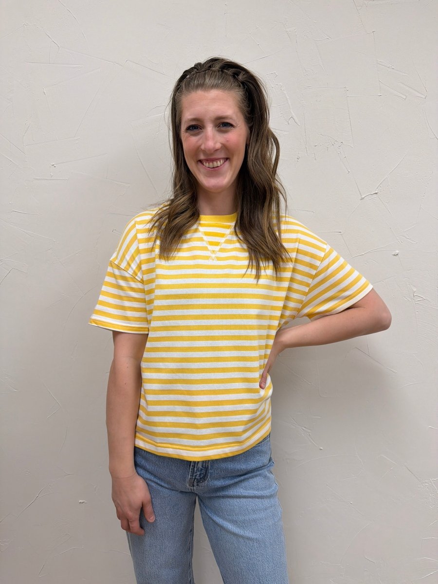 Front view of model wearing striped contrast knit tee with relaxed everyday fit — Three:Twelve Boutique