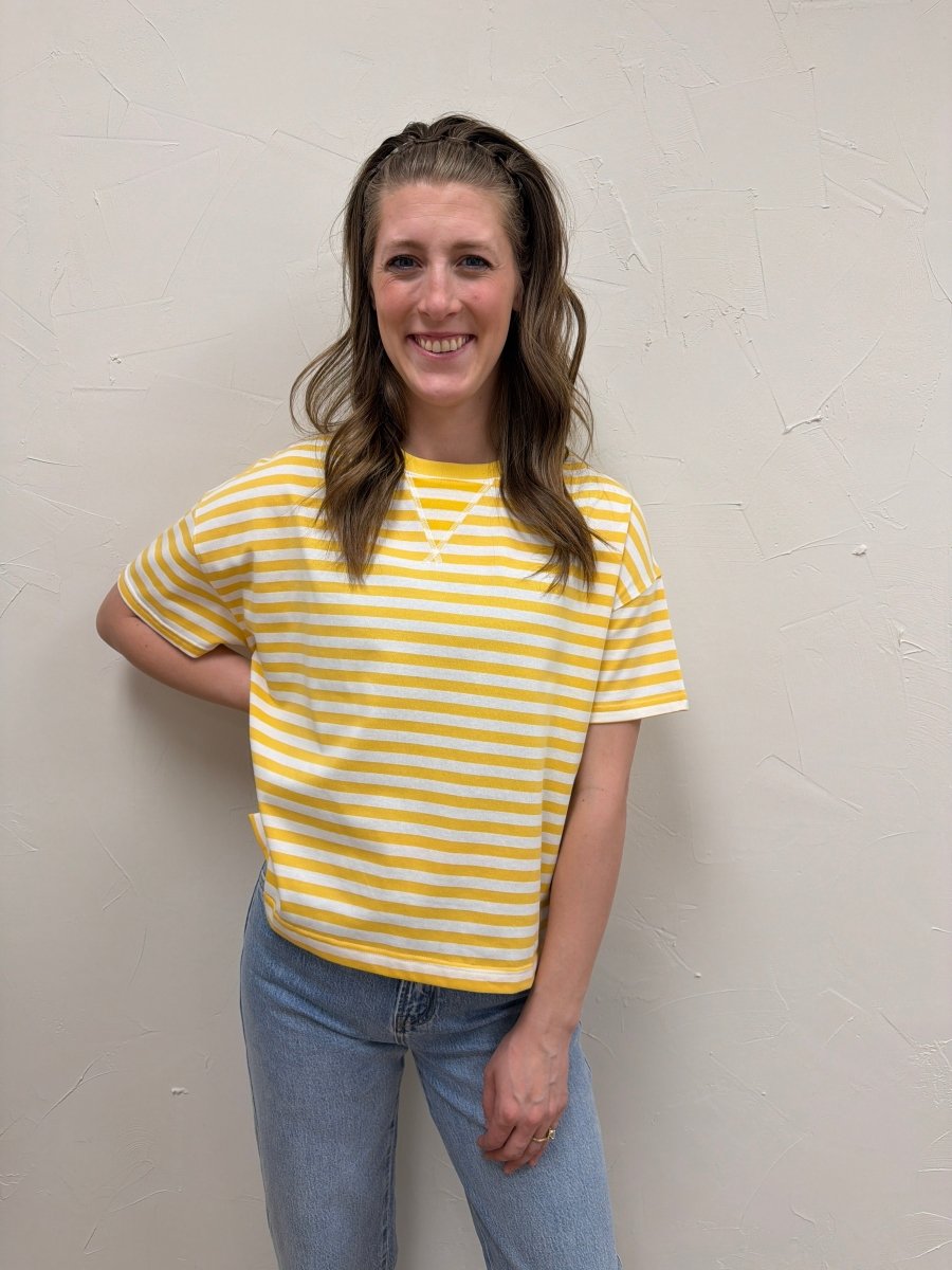 Front view of model wearing striped contrast knit tee with relaxed everyday fit — Three:Twelve Boutique