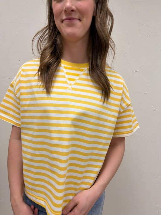 Close up of striped knit fabric and contrast trim detail on tee — Three:Twelve Boutique
