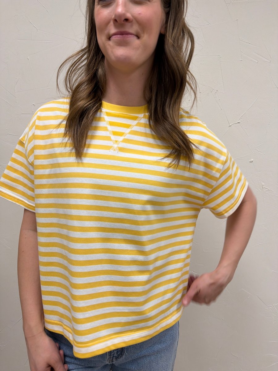 Front view of model wearing striped contrast knit tee with relaxed everyday fit — Three:Twelve Boutique