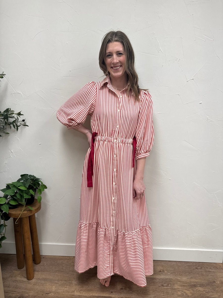 ribbon stripe midi dress Ribbon Stripe Tiered Midi, Mocha - Dresses