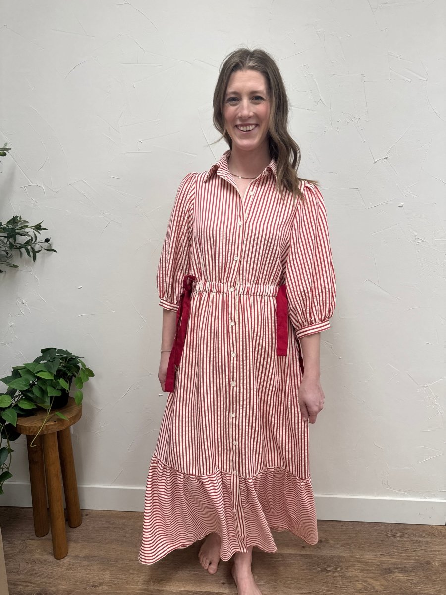 Striped Contrast Side Ribbon Midi Dress - Three:Twelve Boutique - Polagram