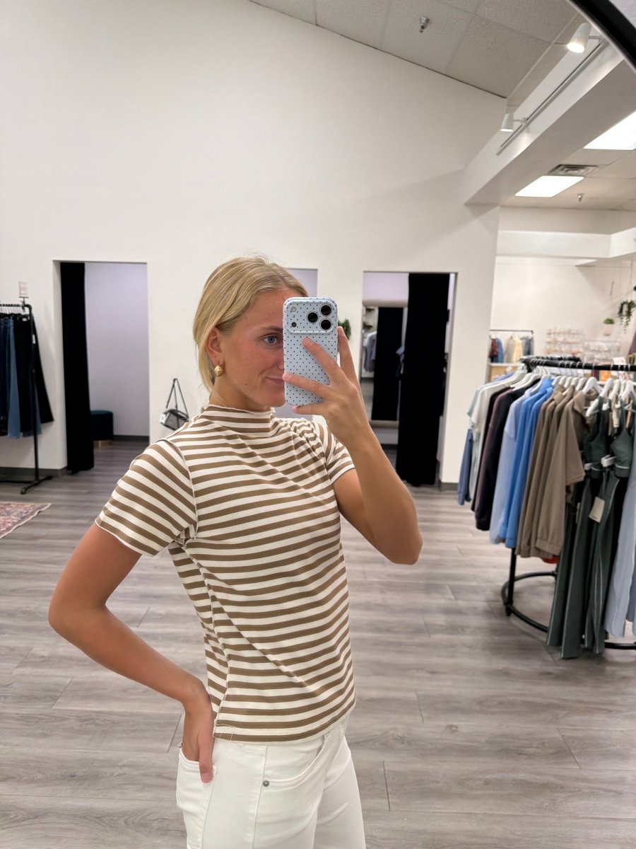 Side view of striped mock neck top showing fit and sleeve length — Three:Twelve Boutique