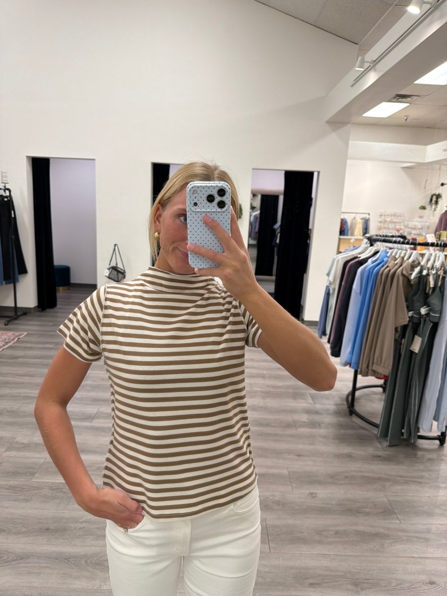 Front view of model wearing striped mock neck knit top showing fitted silhouette — Three:Twelve Boutique