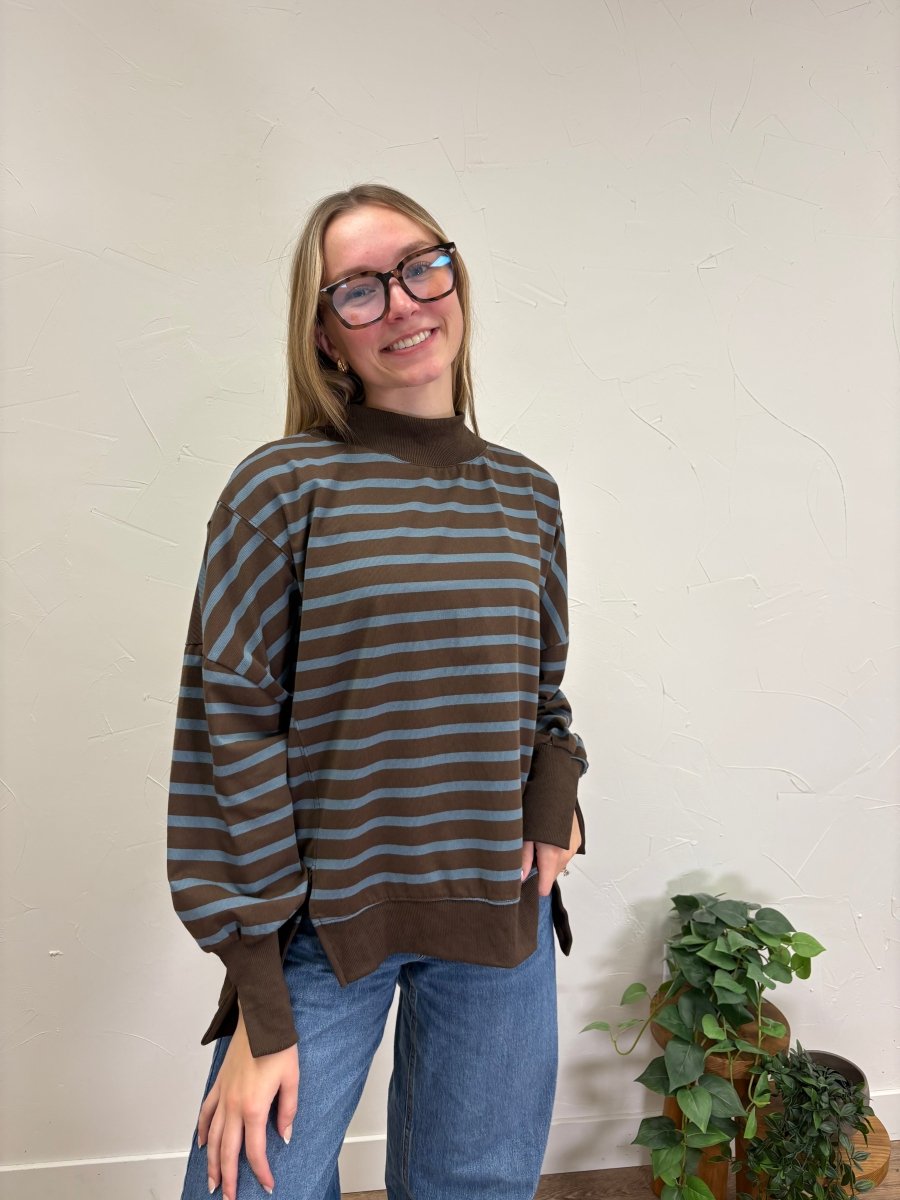 Striped Mock Neck Sweatshirt - Three:Twelve Boutique - Hyfve