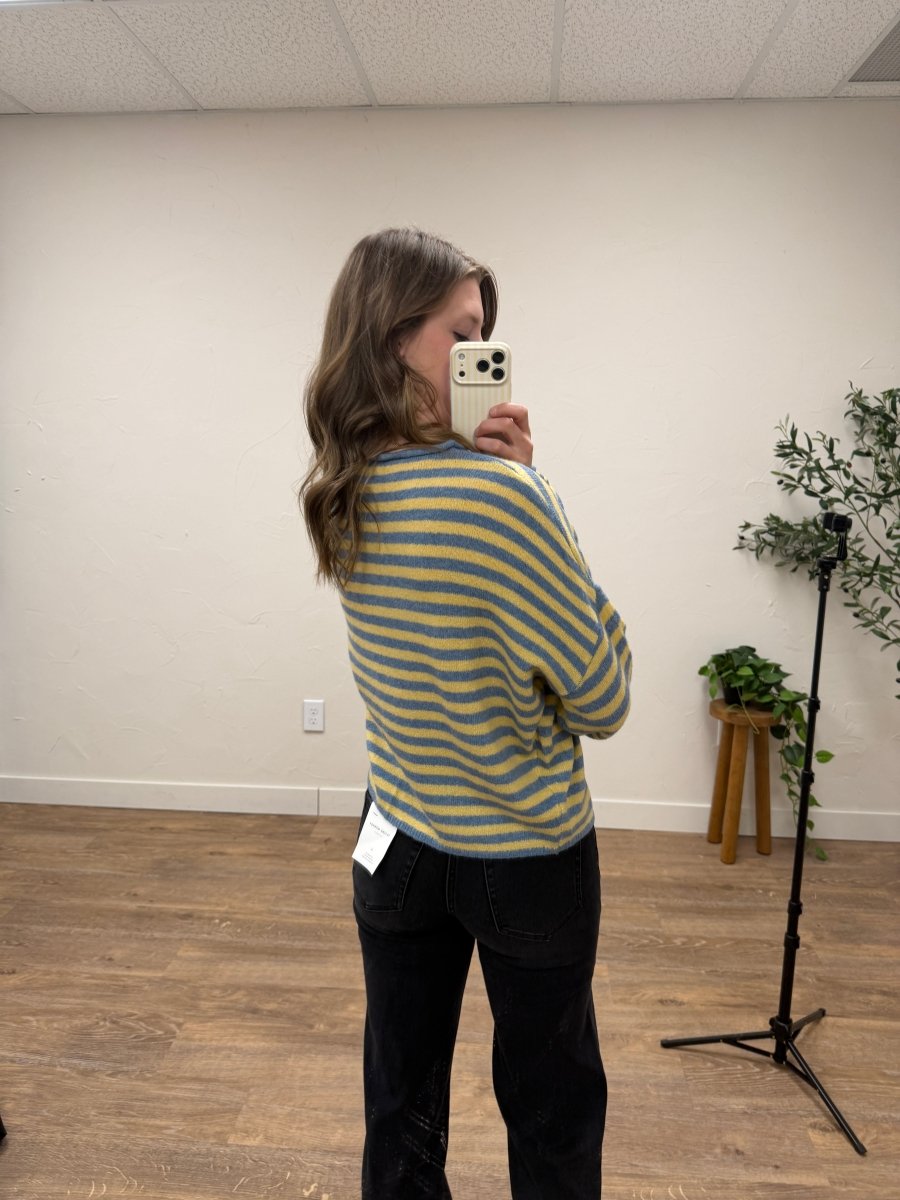 Back view of striped pullover sweater on model showing clean knit design — Three:Twelve Boutique
