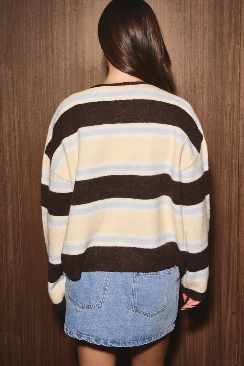 Striped Soft Knit Crew Neck Button Cardigan - Three:Twelve Boutique - LE LIS