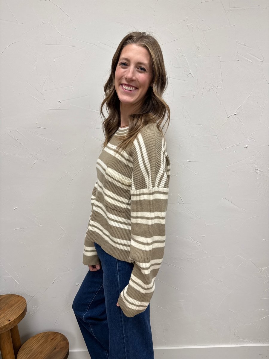 Side view of striped sweater showing fit and sleeve length — Three:Twelve Boutique