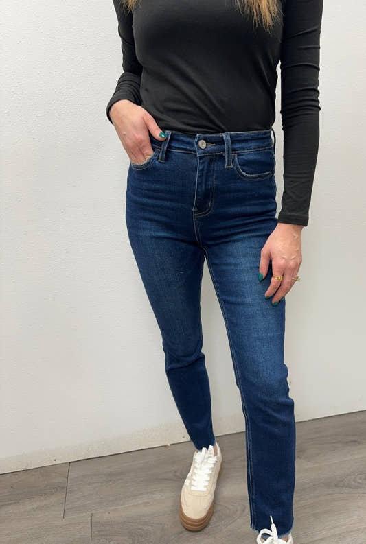 Front view of model wearing super high rise slim straight jeans showing fitted waist — Three:Twelve Boutique