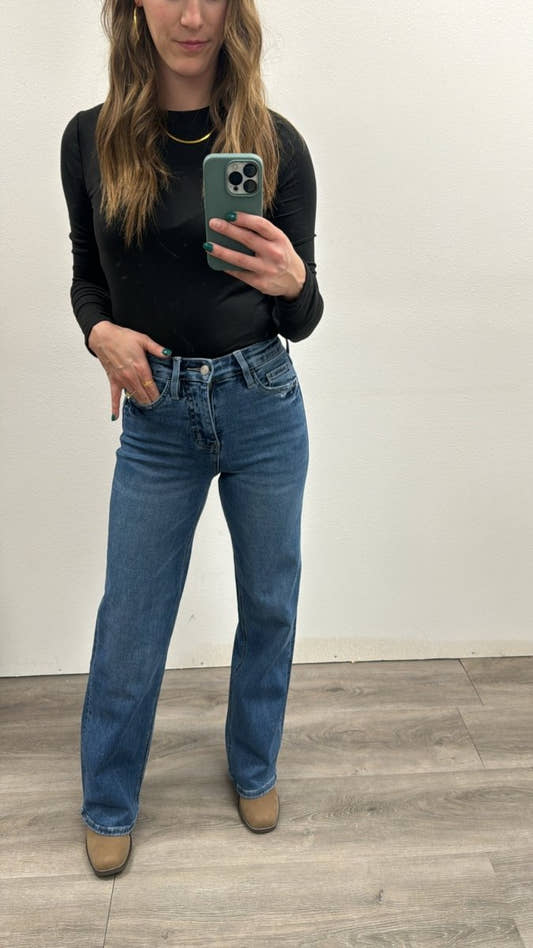 Front view of model wearing super high rise wide leg denim jeans — Three:Twelve Boutique