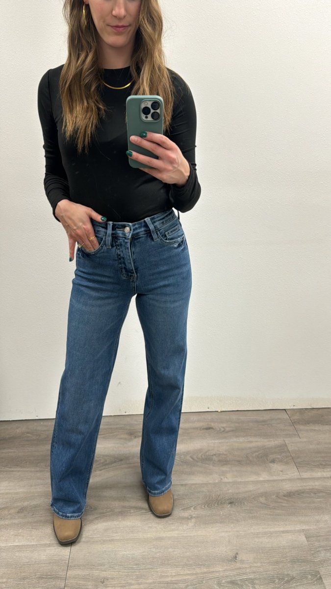 Front view of model wearing super high rise wide leg denim jeans — Three:Twelve Boutique