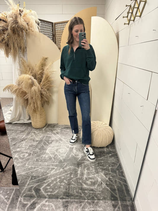 Lifestyle shot of model wearing Super High Wedge Straight Leg jeans styled with casual top — Three:Twelve Boutique