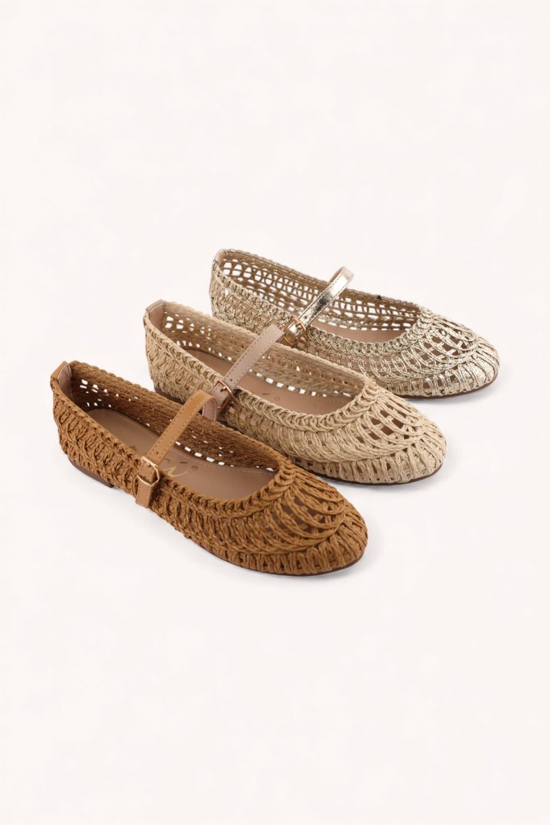 Susan woven Mary Jane flats in camel with braided texture and strap detail side view