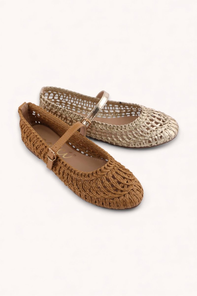 Susan woven Mary Jane flats in camel with braided texture and strap detail side view