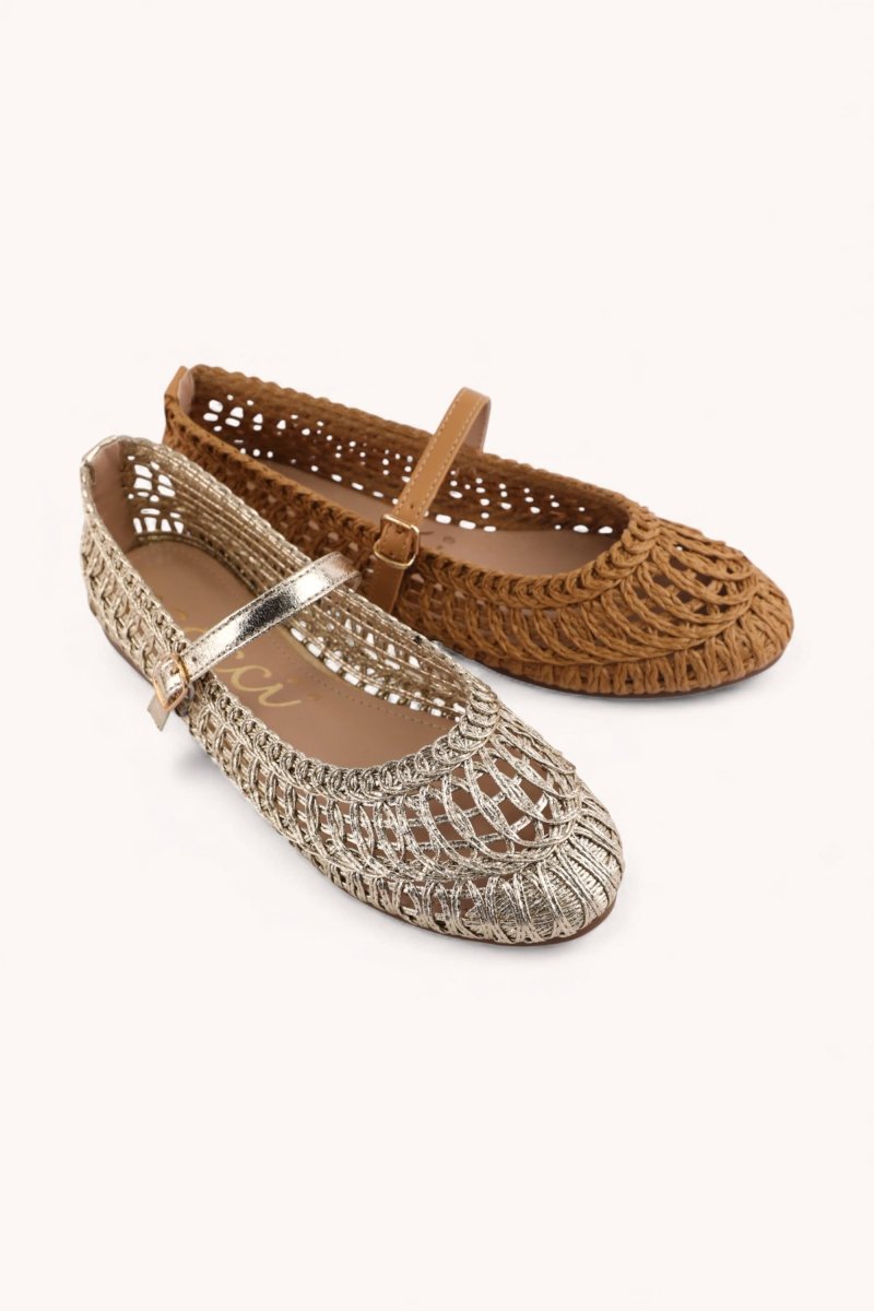 Susan woven Mary Jane flats in camel with braided texture and strap detail side view