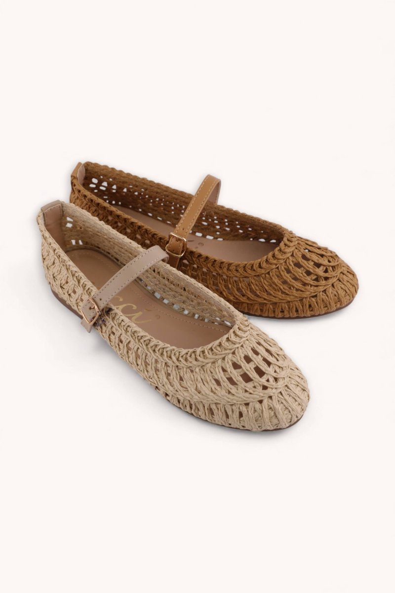 Susan woven Mary Jane flats in camel with braided texture and strap detail side view