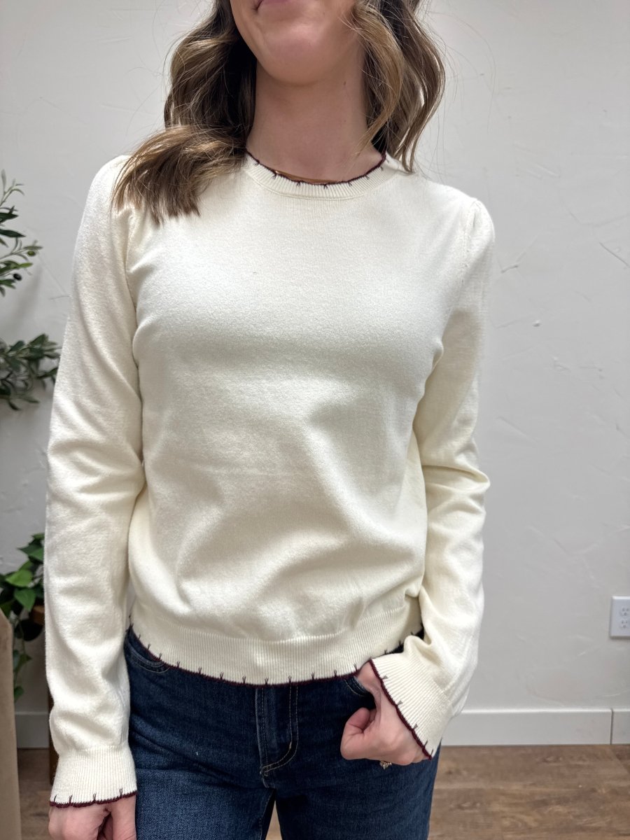 Front view of sweater with edge detailing on model showing relaxed fit — Three:Twelve Boutique