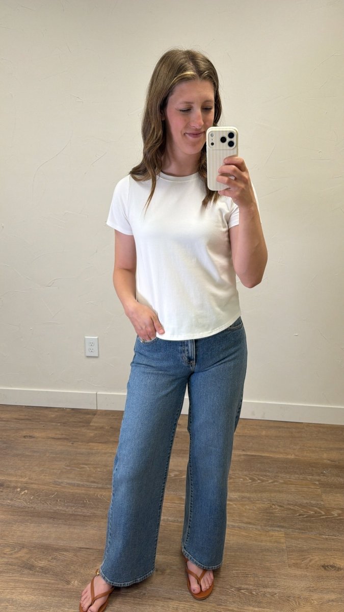 Front view of model wearing Tanya Tee showing everyday casual fit — Three Boutique