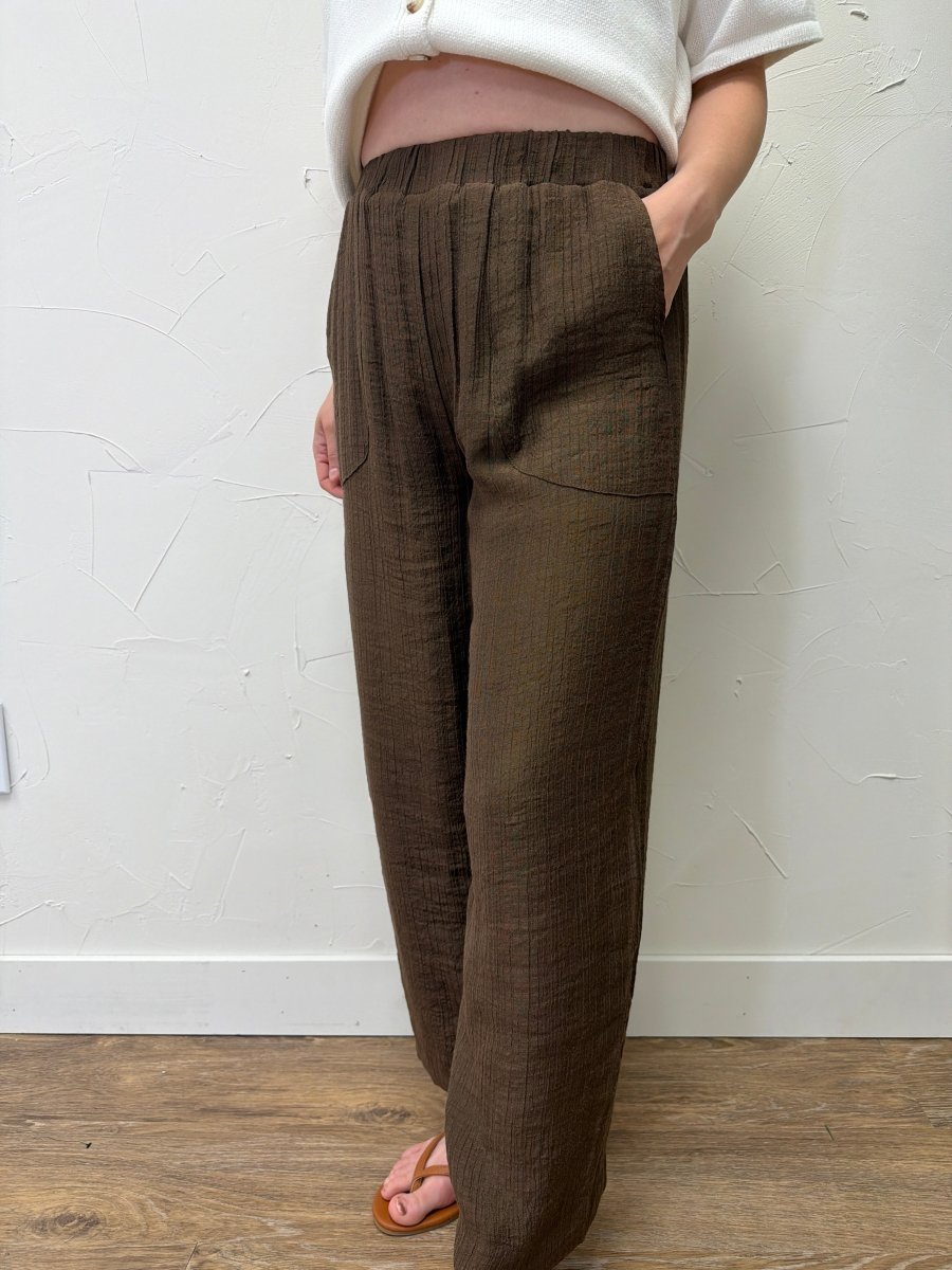 Lifestyle image of model styling Textured High Elastic Waist Lounge Pant — Three Boutique
