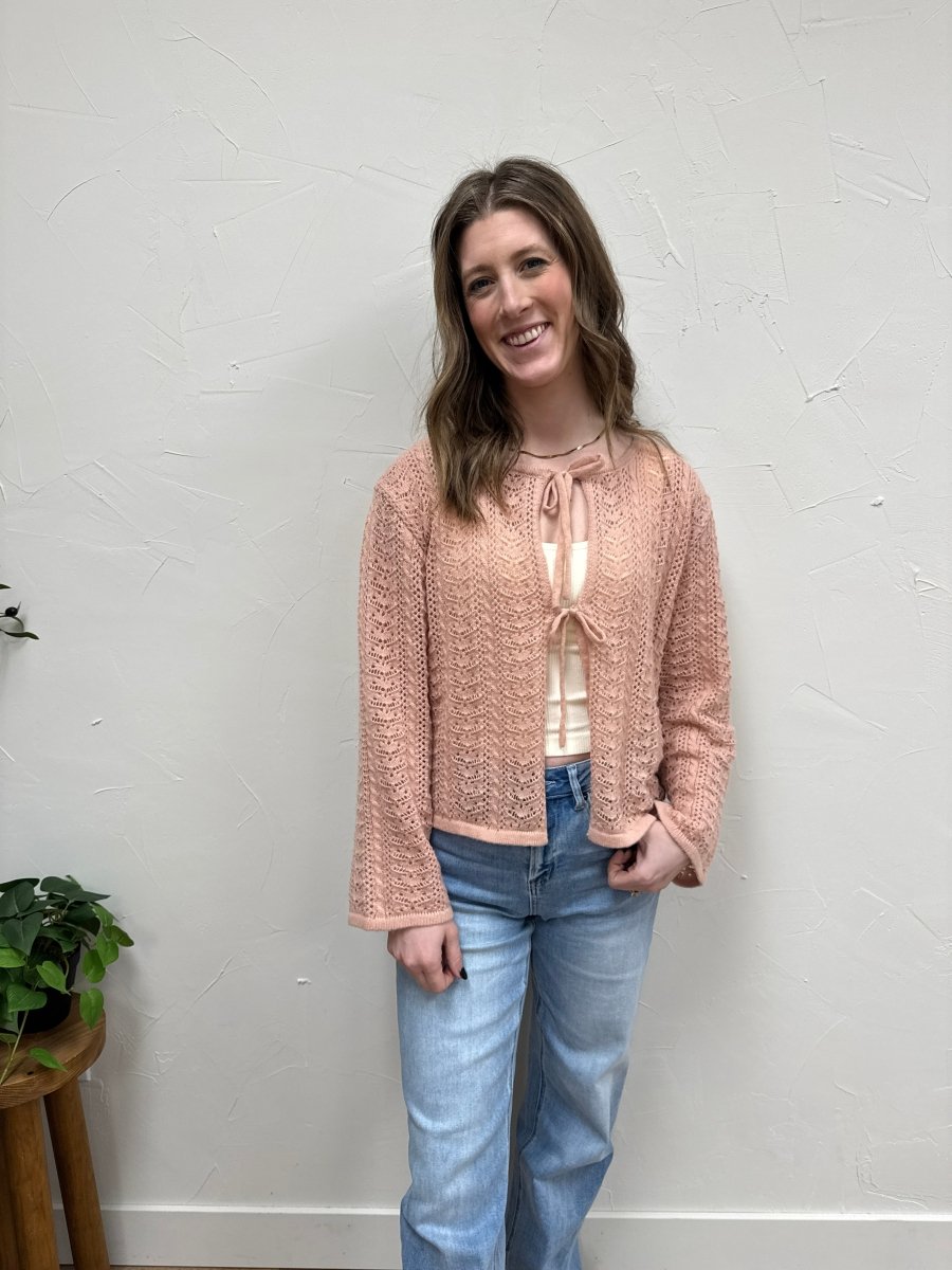 Lifestyle shot of model wearing Avia Cardigan styled for casual layering — Three:Twelve Boutique