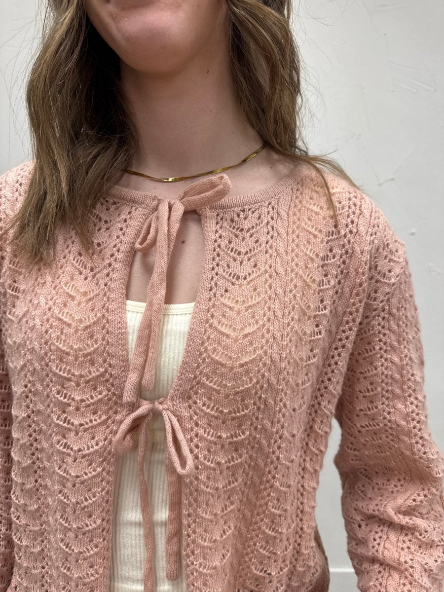 Close up of pointelle knit fabric and tie front detail — Three:Twelve Boutique