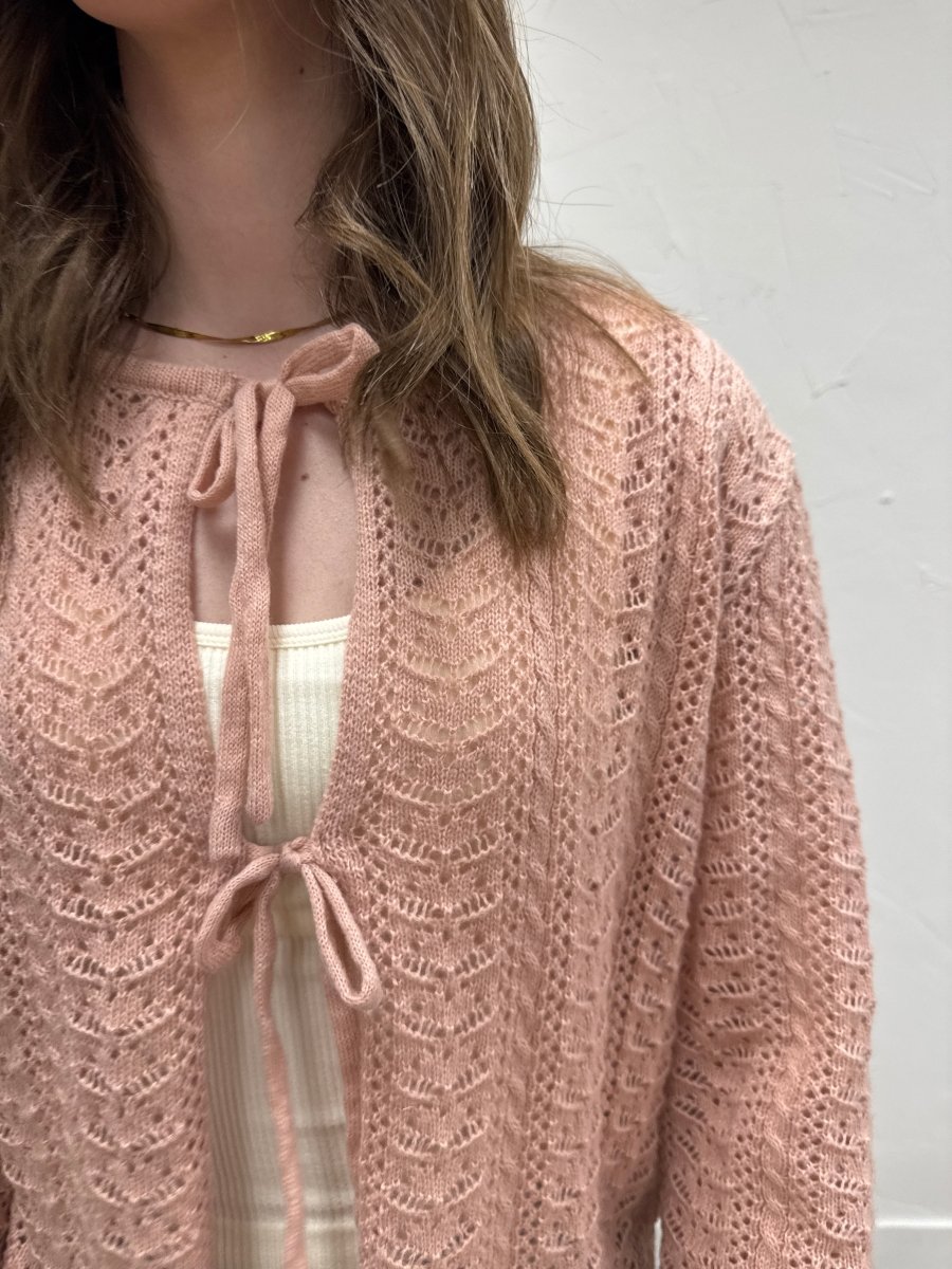 Close up of pointelle knit fabric and tie front detail — Three:Twelve Boutique