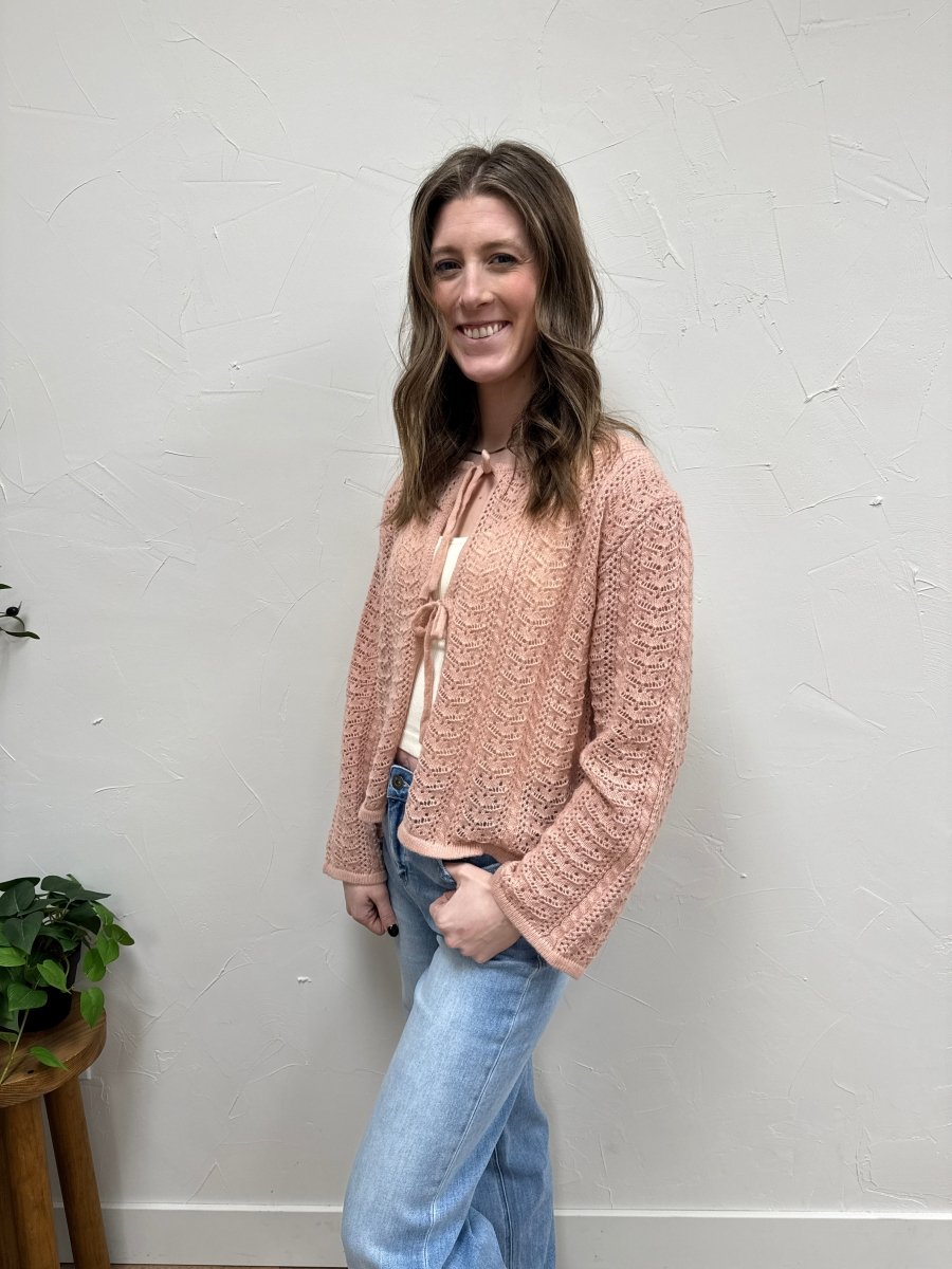 Side view of cardigan showing long sleeves and open front design — Three:Twelve Boutique