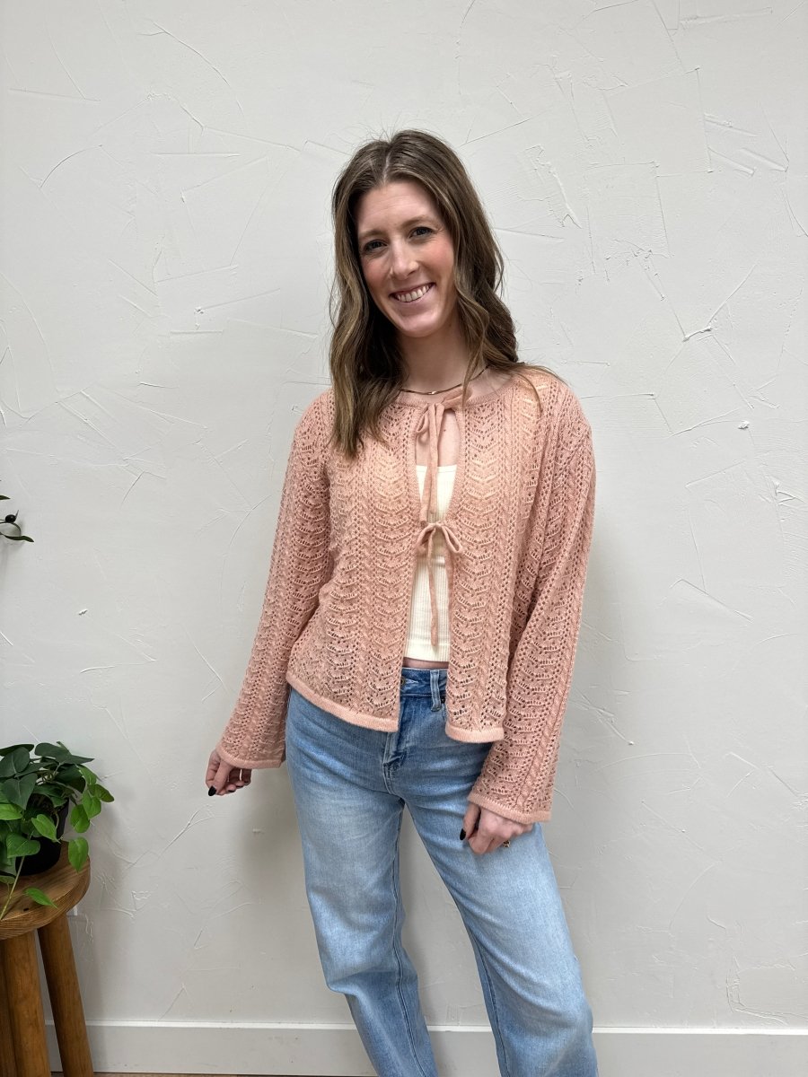 Front view of model wearing The Avia Cardigan with tie front closure — Three:Twelve Boutique