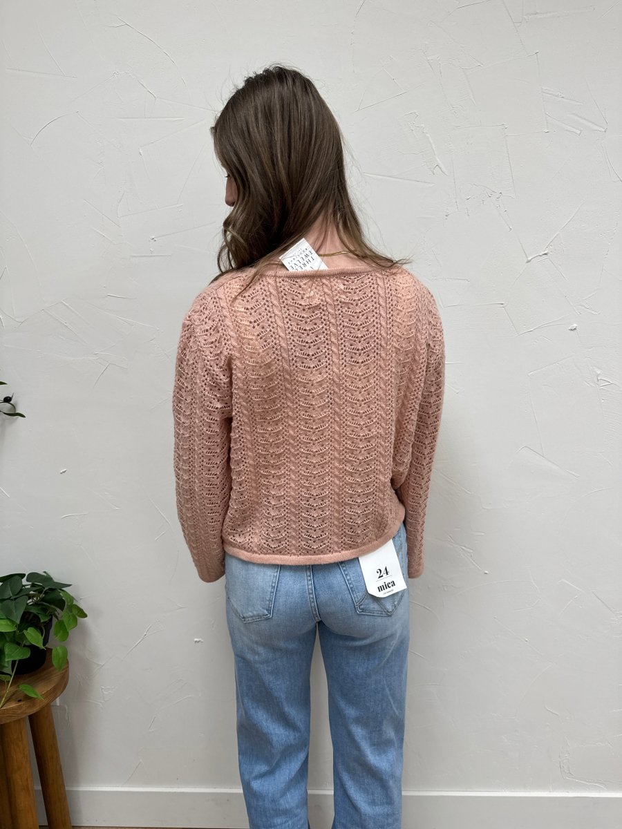 Back view of model wearing The Avia Cardigan showing relaxed drape — Three:Twelve Boutique