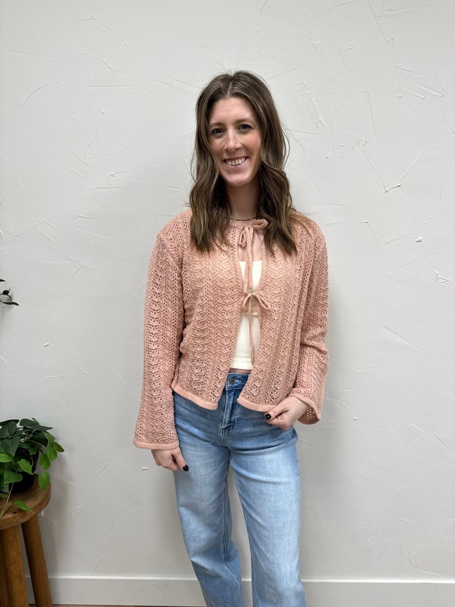 Lifestyle shot of model wearing Avia Cardigan styled for casual layering — Three:Twelve Boutique