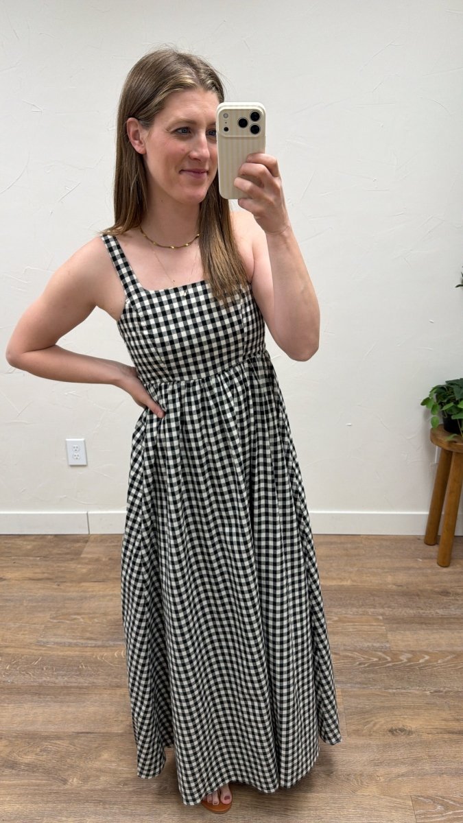 Lifestyle image of model wearing The Bianca Gingham Dress — Three Boutique