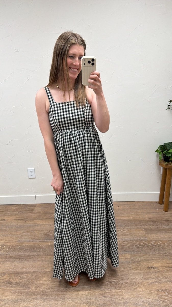 Front view of model wearing The Bianca Gingham Dress — Three Boutique
