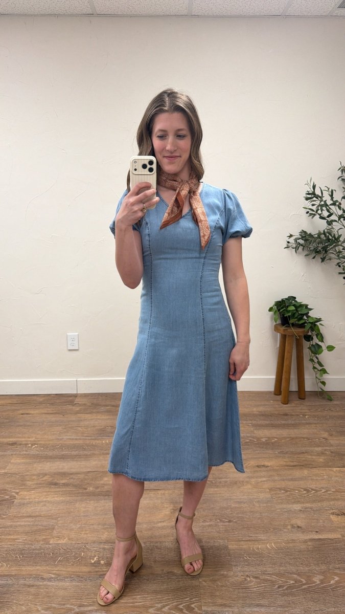 Front view of model wearing The Braxton Dress showing fitted silhouette — Three:Twelve Boutique