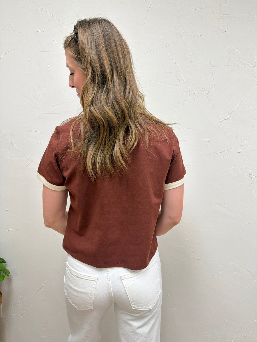 Back view of The Cait Top on model showing lightweight drape and fit — Three:Twelve Boutique