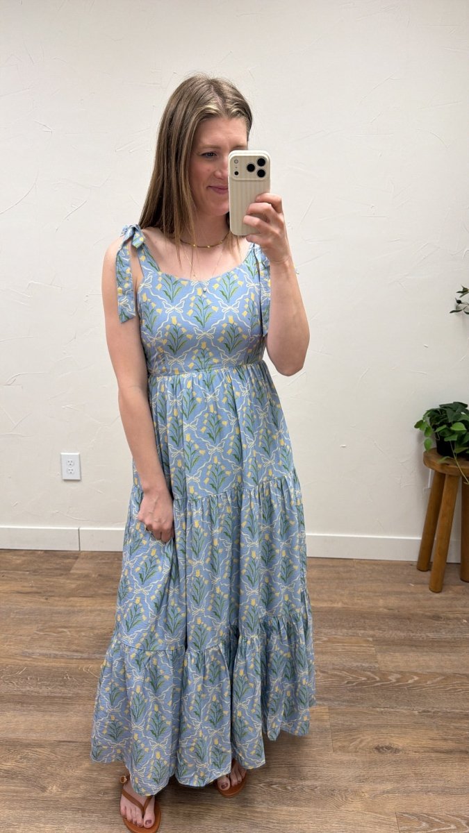 Front view of model wearing The Francine Dress showing full silhouette — Three Boutique