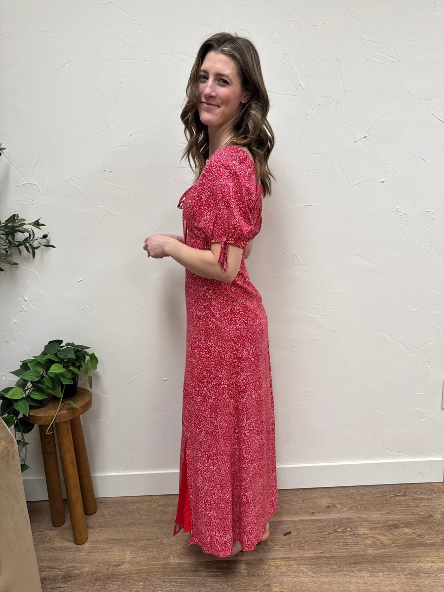 Side angle view of The Jamie Dress showing drape and length — Three:Twelve Boutique