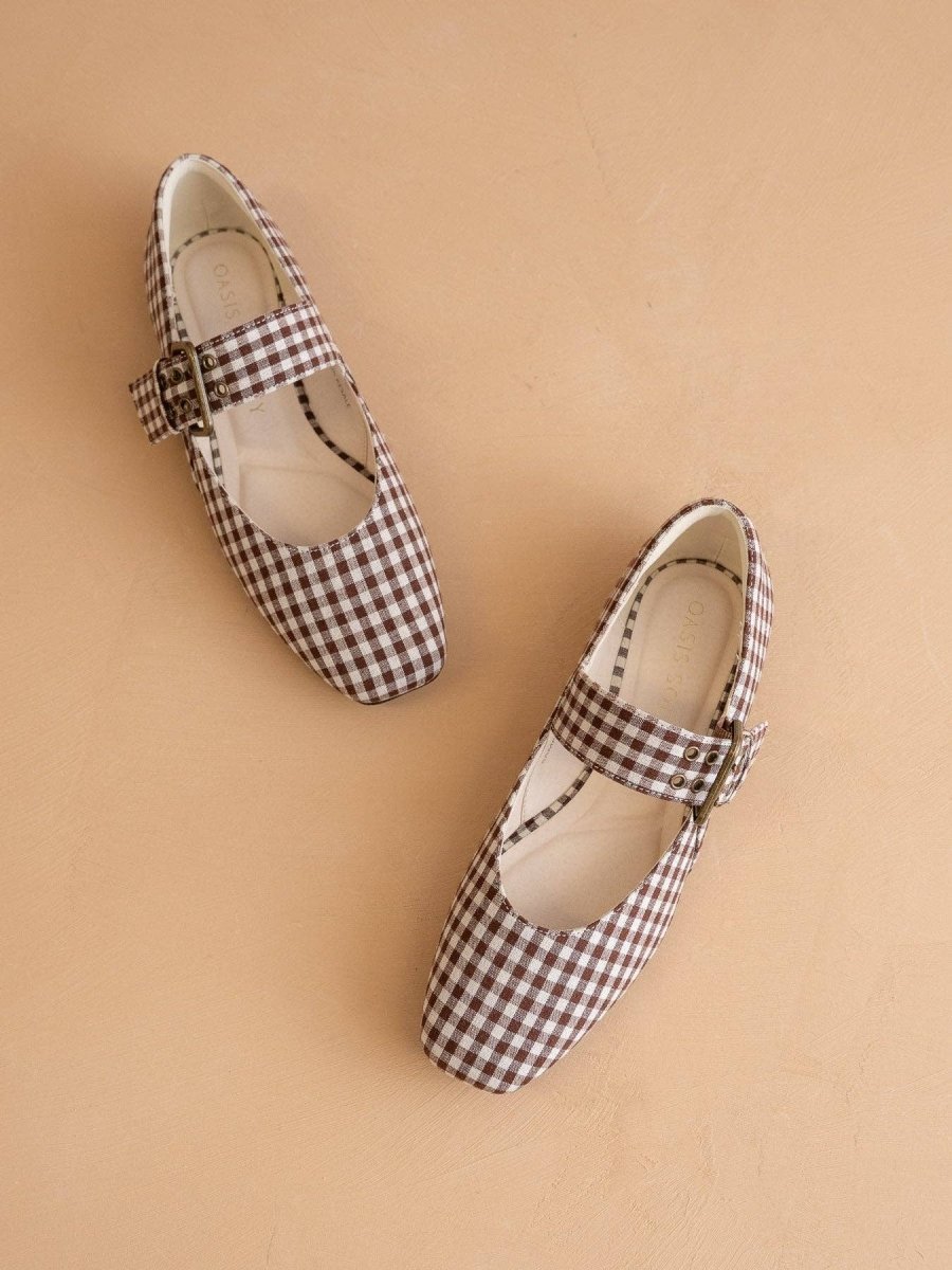 The Soho | Coffee Gingham Ballet Fall Flat Studded Buckle - Three:Twelve Boutique - OASIS SOCIETY